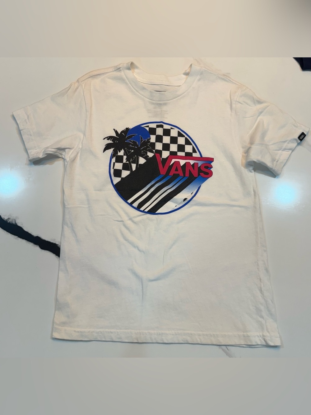 Vans Kids White Tee with Blue, Black & Magenta Graphic Logo 6 L